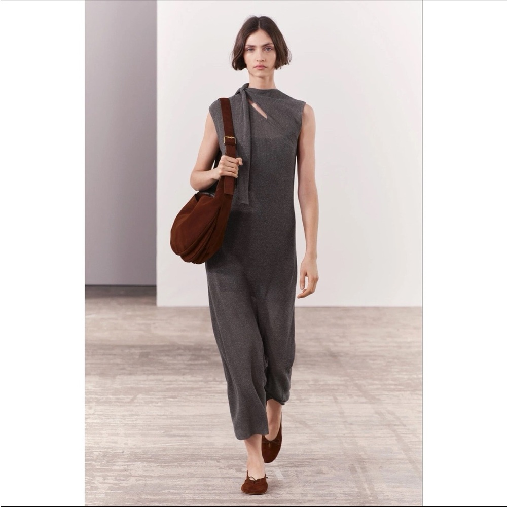 Zara Chic Gray Asymmetric Sleeve Textured Knit High Neck Tie MIDI Dress Large